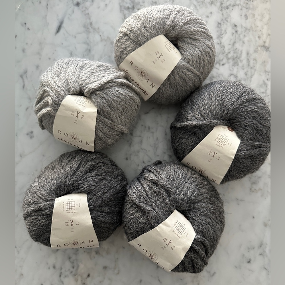 ROWAN Alpaca Chunky Yarn. Five skeins. Dark and light grey.